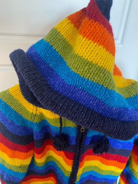 Handmade Knitted Rainbow Stripe Hooded Zip Cardigan Adult - see measurements - Picture 6 of 10